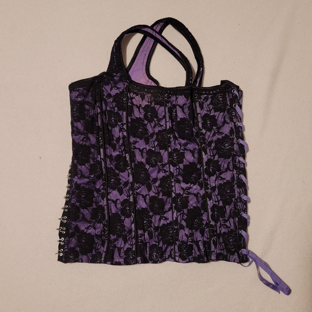 Vintage Tripp Nyc Corset Floral Lace-up Hook Purple & Black XXL - Picture 10 of 11